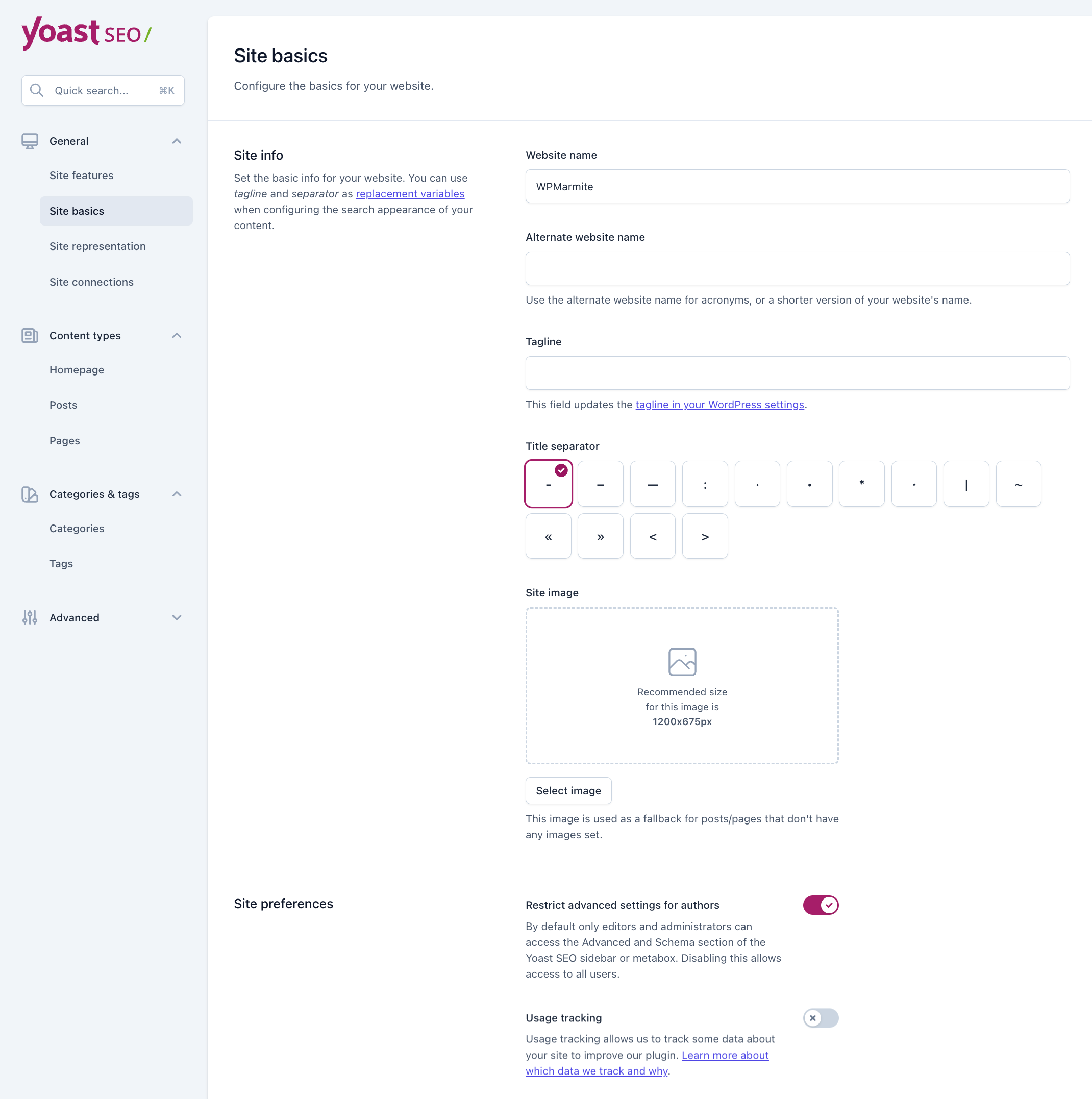 The "Site basics" tab in the Yoast SEO General settings.