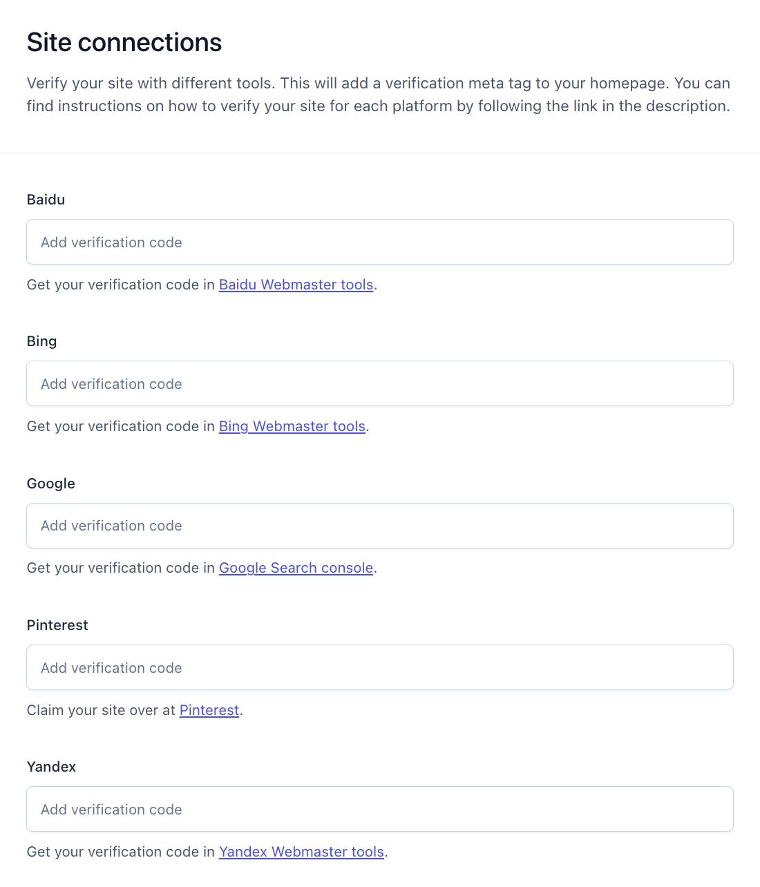 Yoast SEO allows you to connect your sites to different tools, such as Bing, Google, and Pinterest