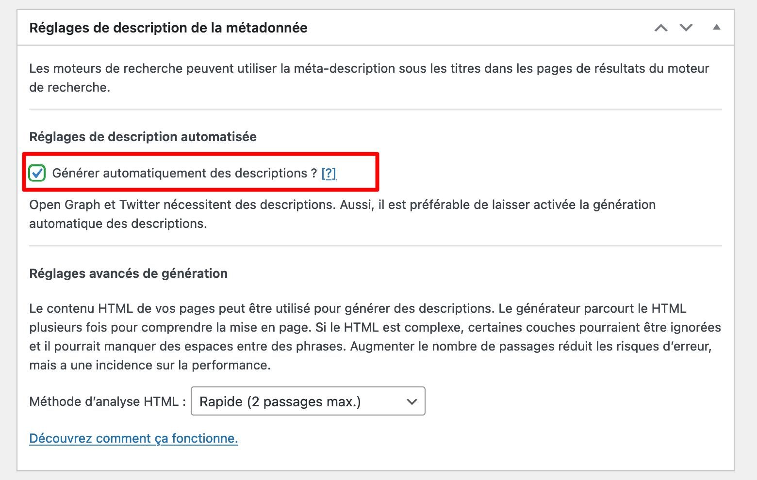 Le plugin The SEO Framework active automatiquement de nombreuses options pour l'utilisateur.