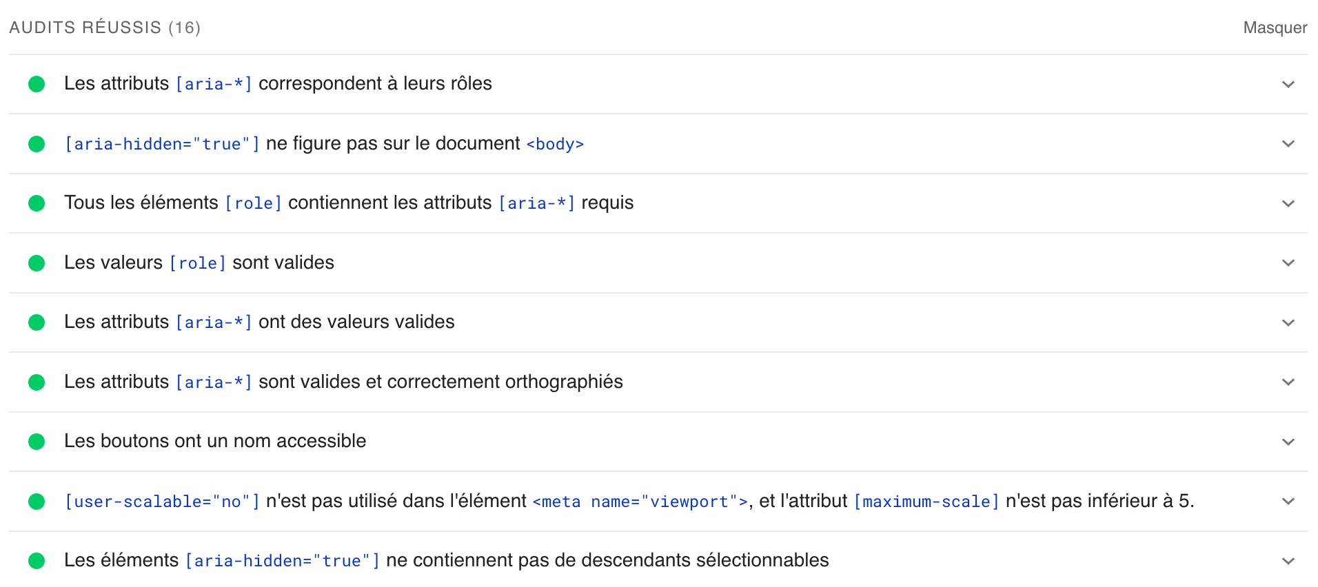 PgaeSpeed Insights propose une section Audits réussis pour vos pages WordPress.