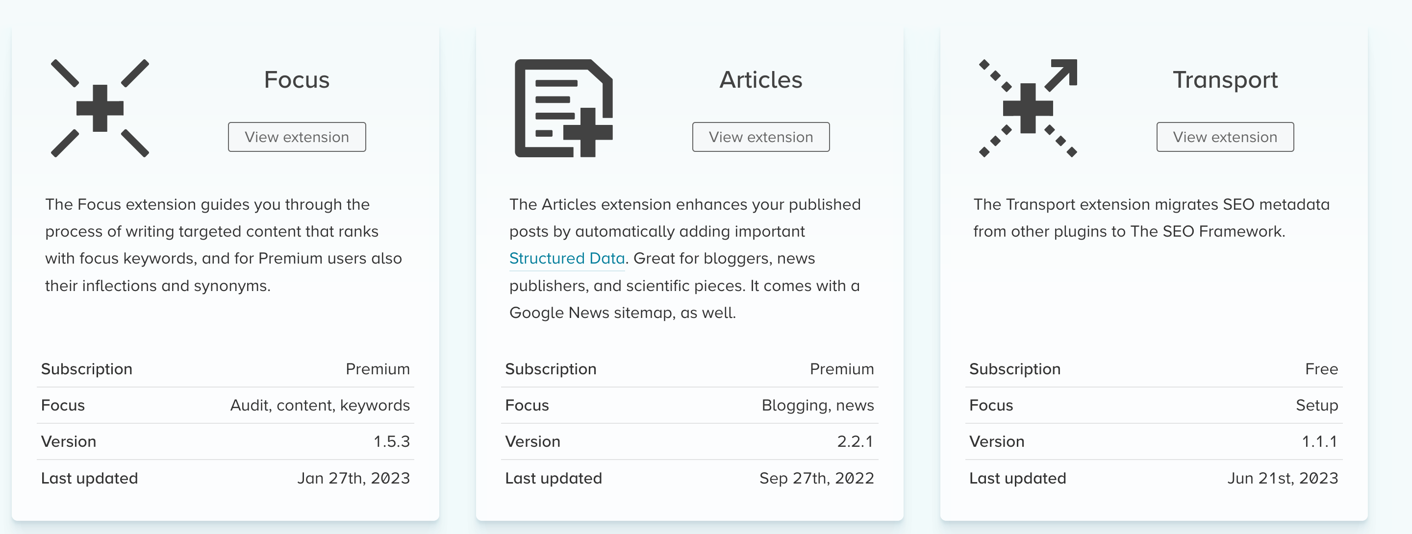 The SEO Framework propose certains addons premium.