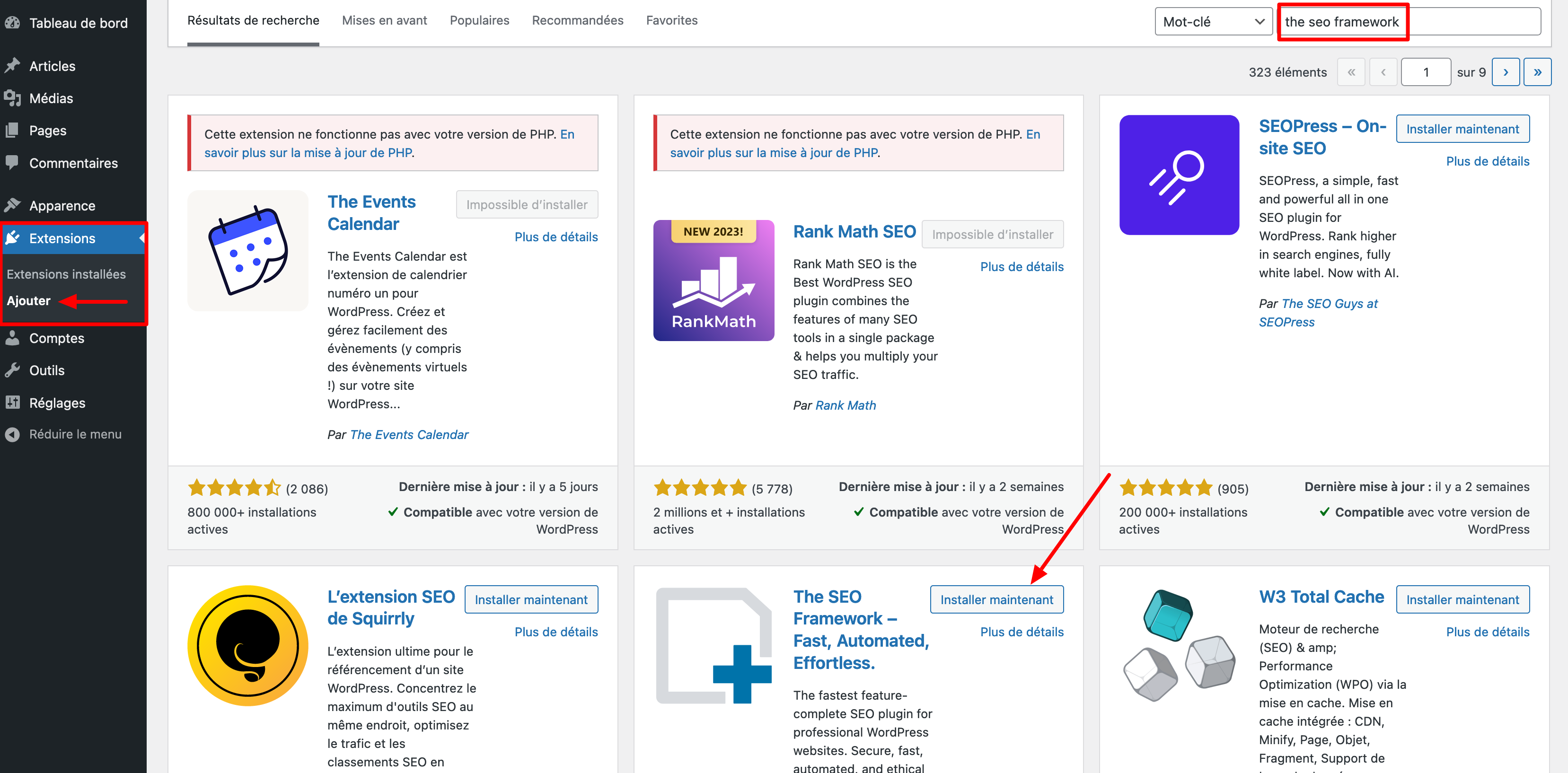 Installation de The SEO Framework sur le back office de WordPress. 
