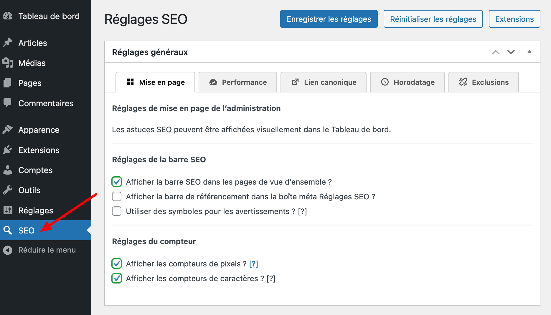 Menu de réglages de The SEO Framework.