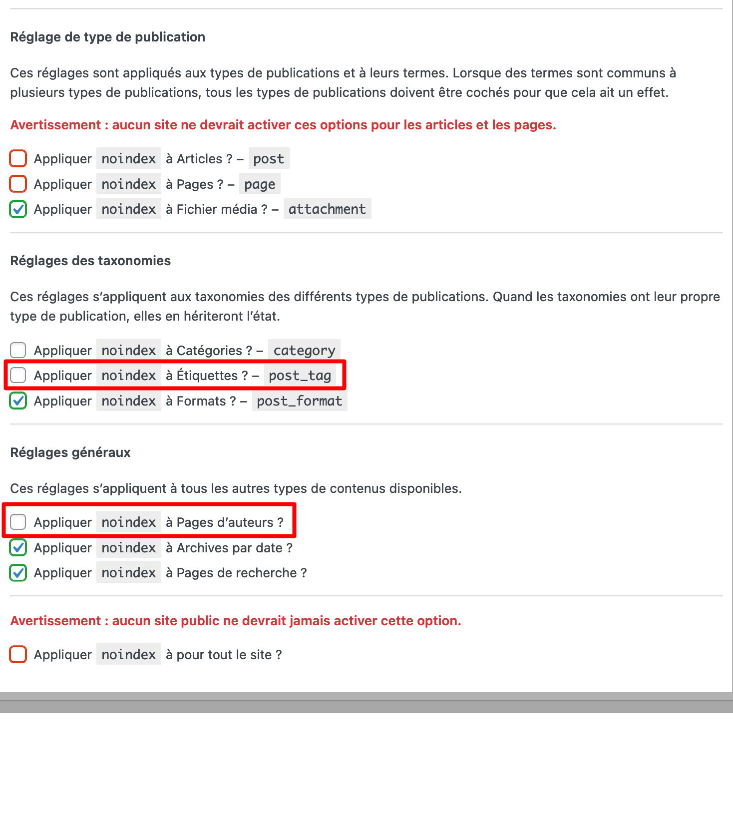 Réglages des types de publication sur The SEO Framework.