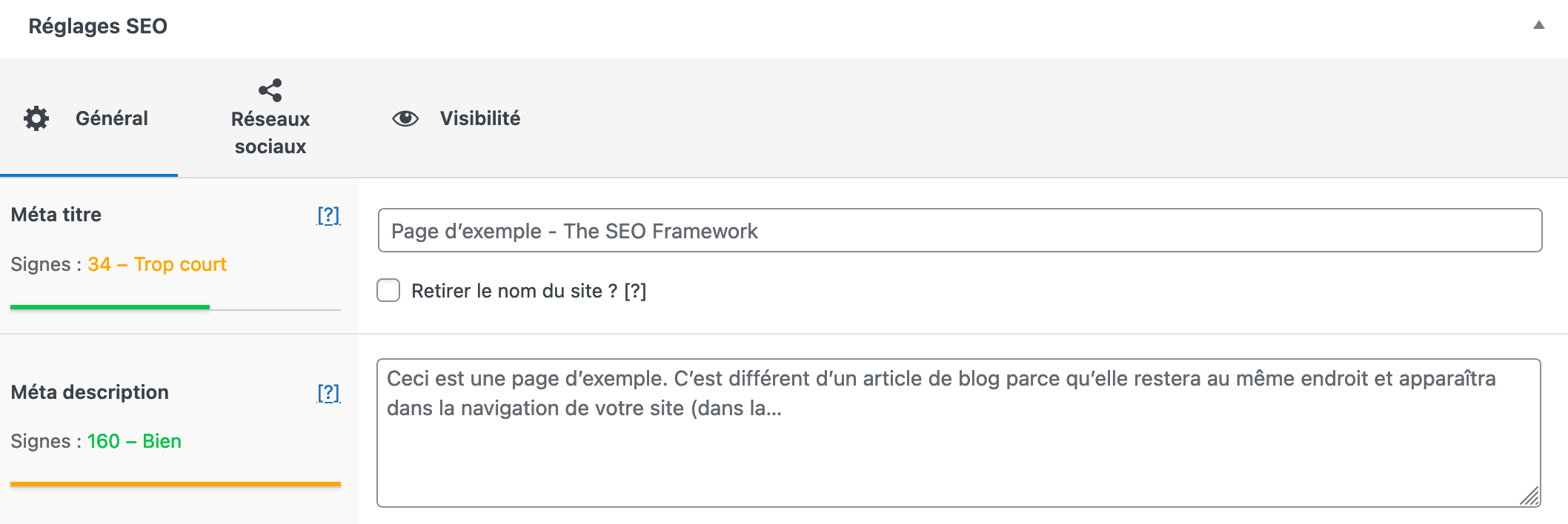 The SEO Framework permet de rédiger les balises title et méta-description.