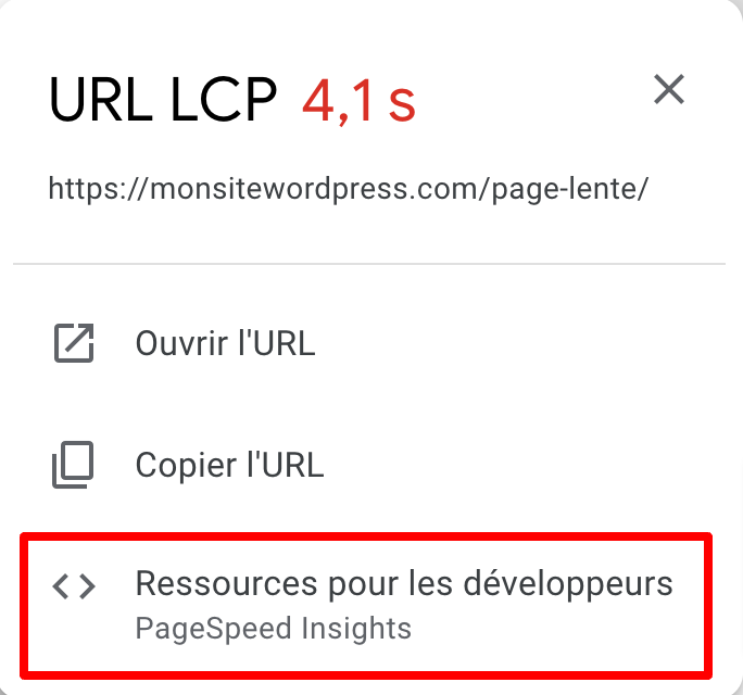 Vous pouvez accéder à PageSpeed Insights depuis la Google Sarch Console.
