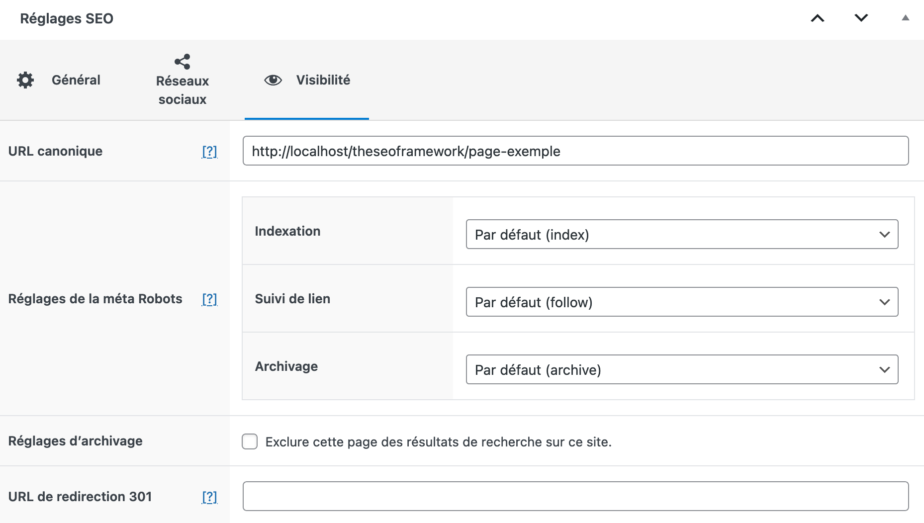 Un onglet Visibilité est disponible dans les réglages SEO de The SEO Framework.