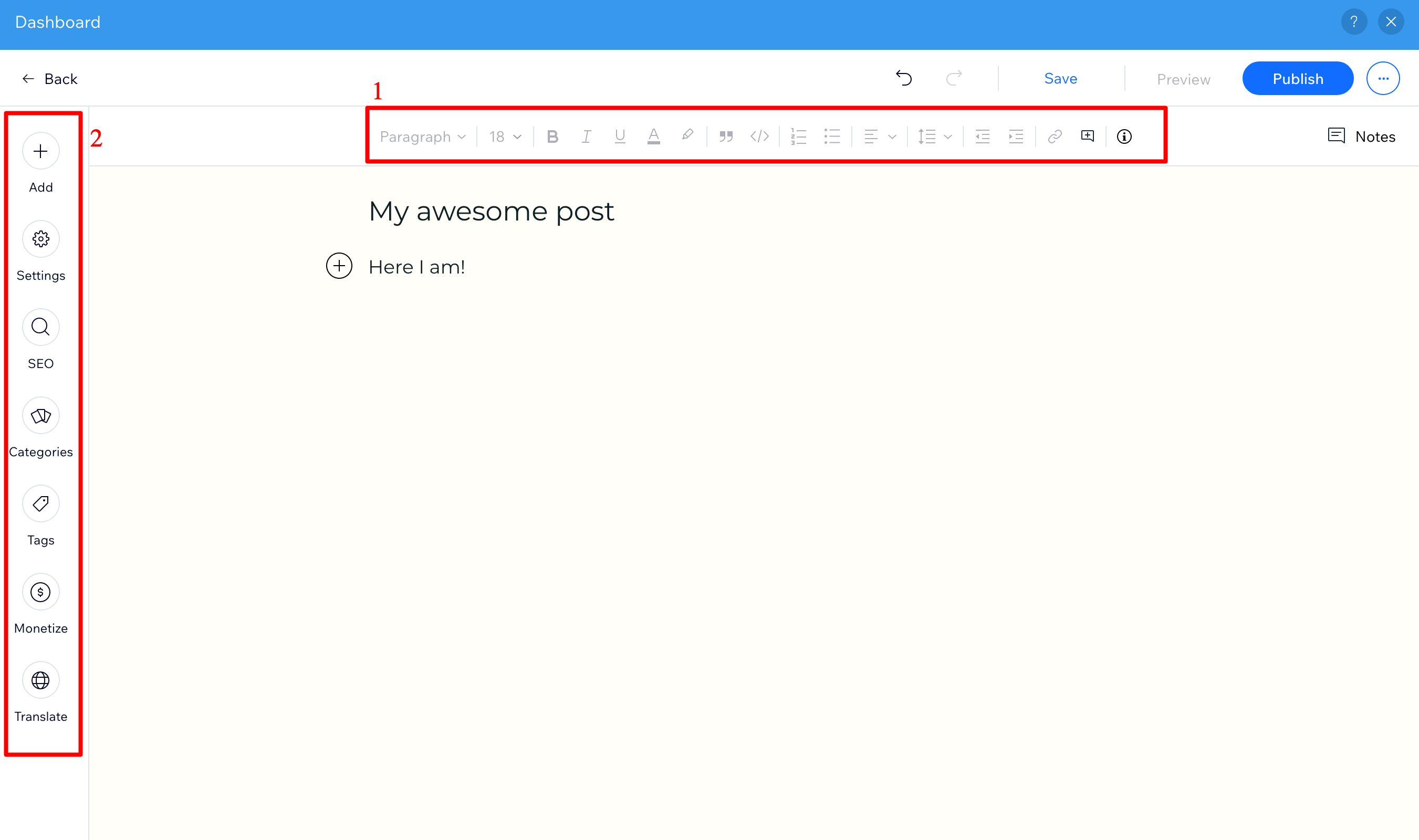 The blog post content editor on Wix offers various settings that you can modify.