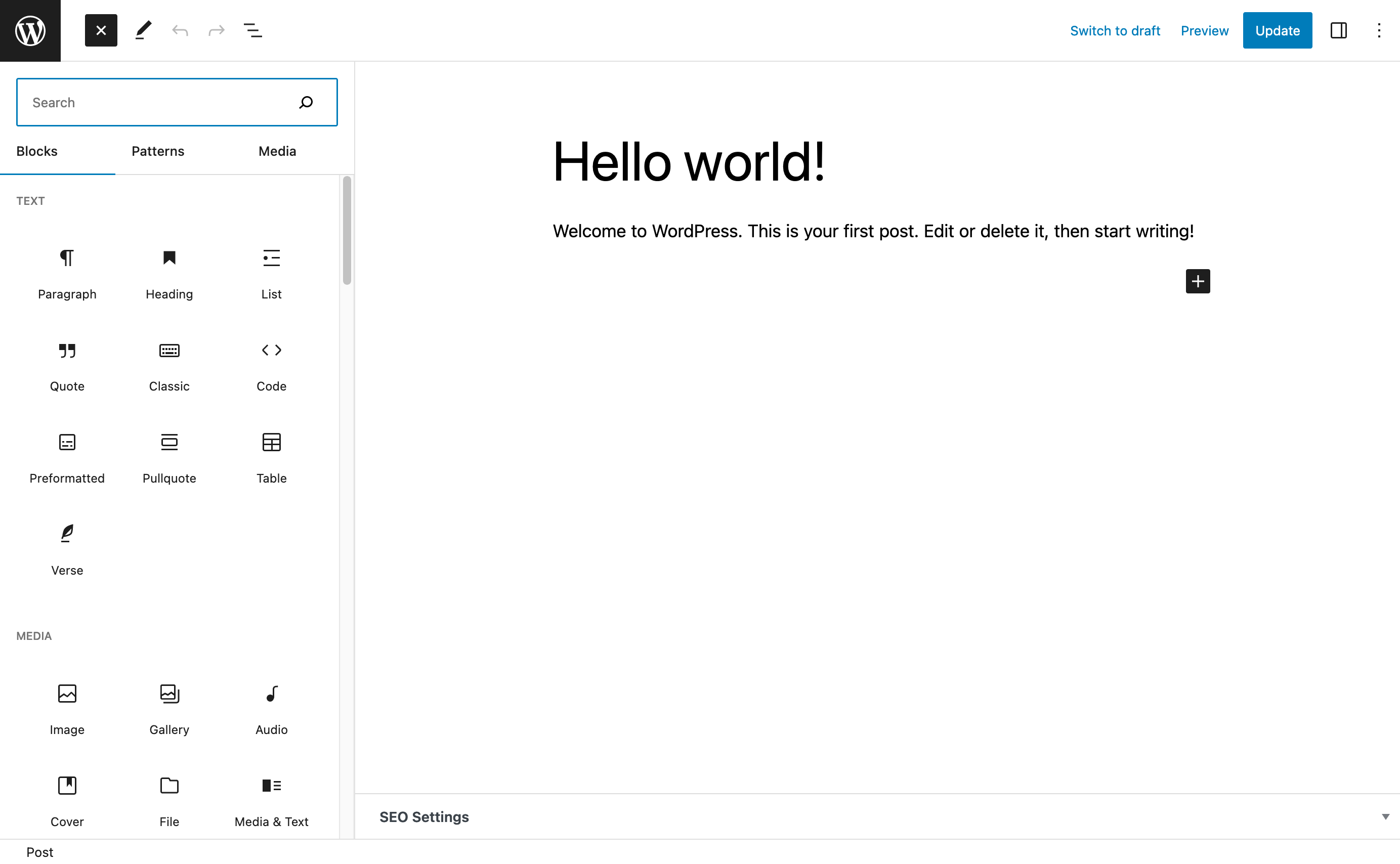 Preview of some of the available blocks in the WordPress content editor.