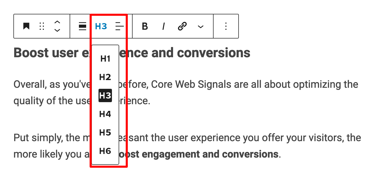 Hn tags in the WordPress content editor.