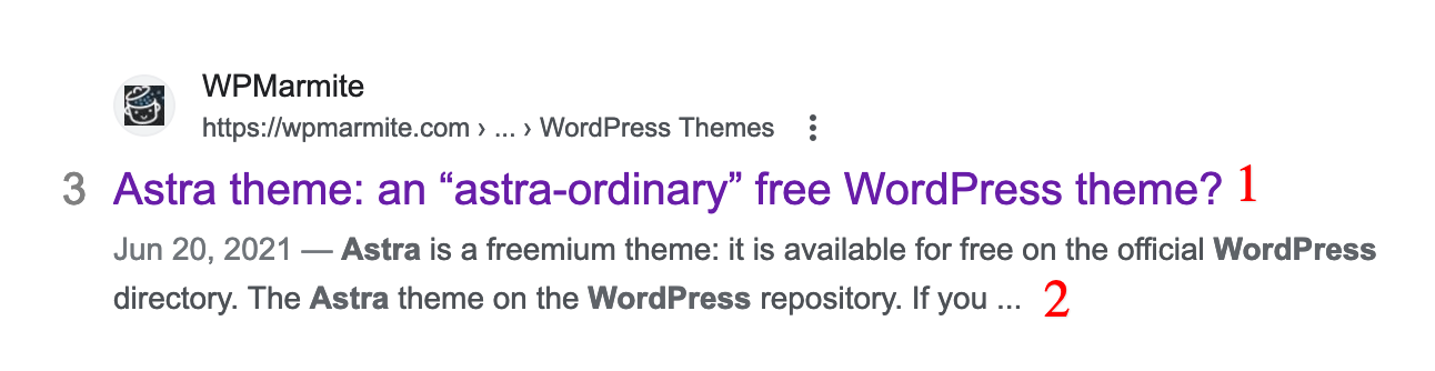 The meta title and meta description tags on a WPMarmite article.
