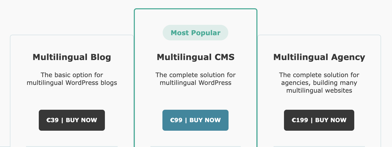 The 3 licenses proposed by WPML.