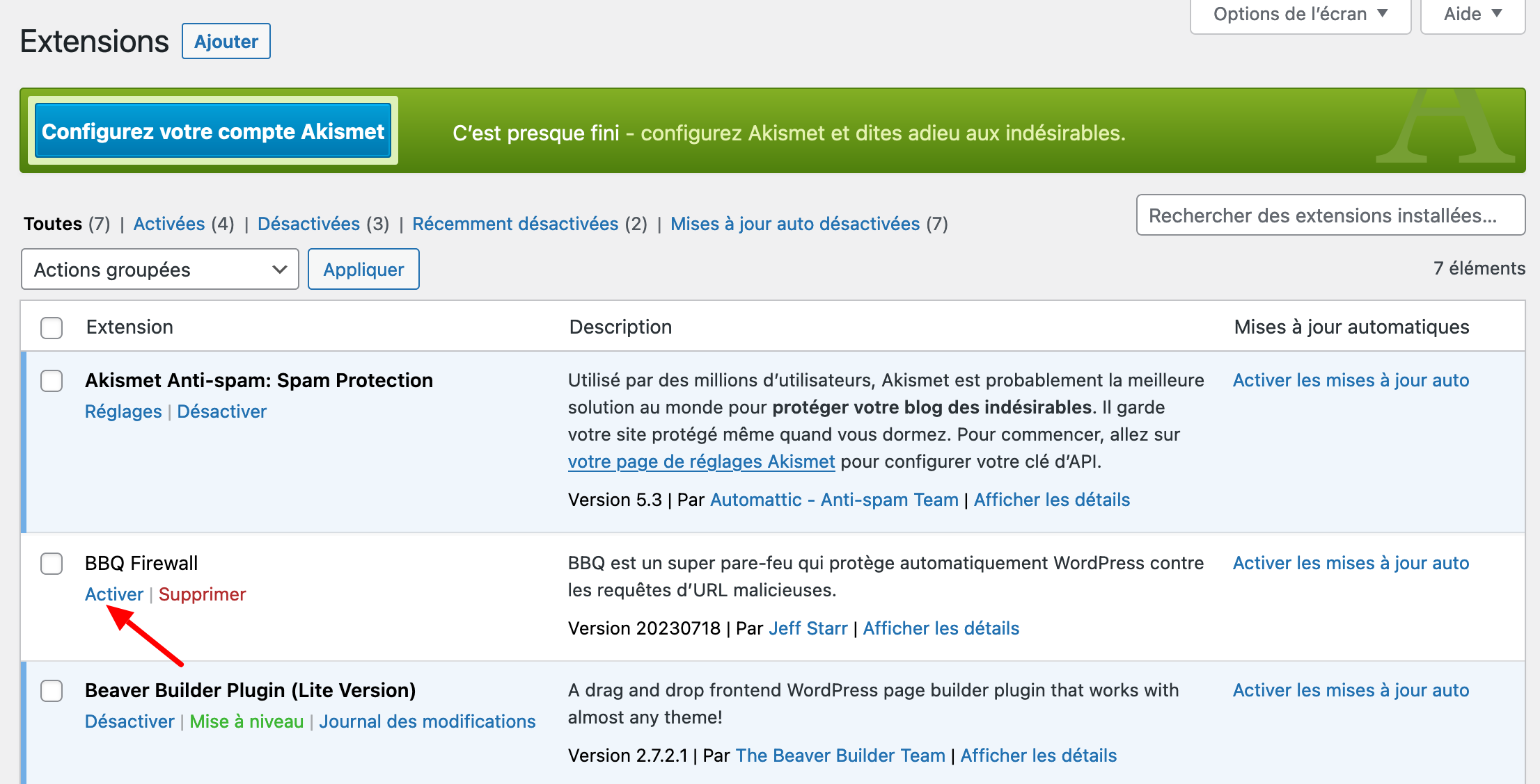 Activation du plugin BBQ Firewall sur l'admin WordPress. 