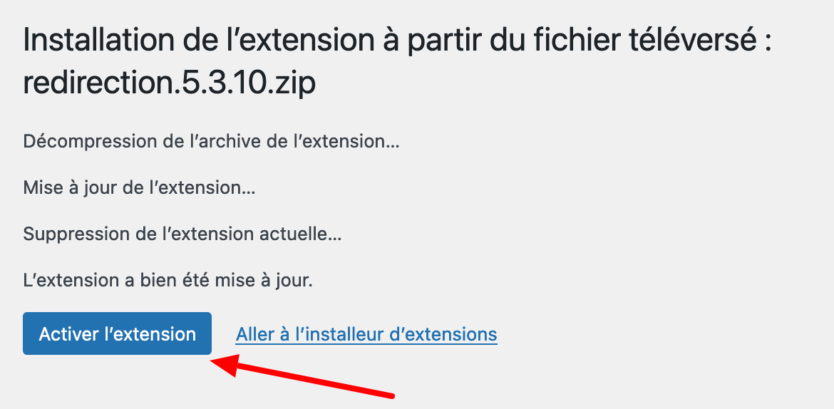 Activation d'une extension manuelle après l'avoir installée.