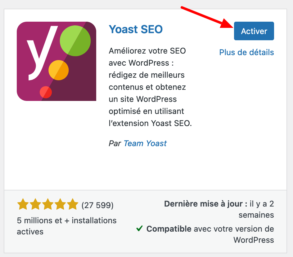Activation du plugin Yoast SEO. 