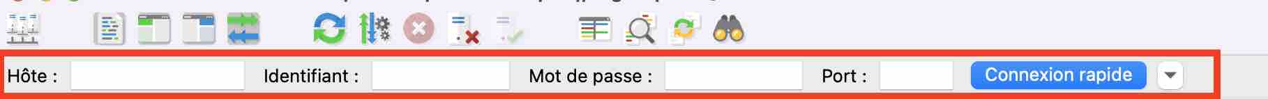 Interface de connexion à FileZilla.