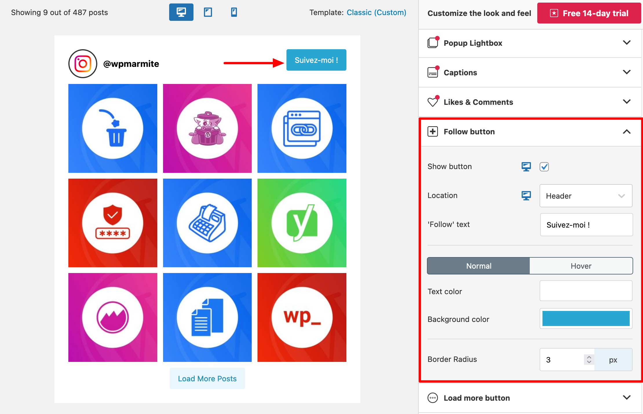 Spotlight Social Feeds permet de paramétrer un bouton « Follow ».