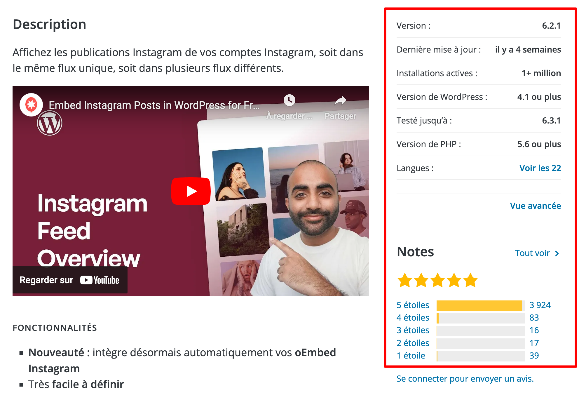 Des informations sur chaque plugin WordPress sont présentes dans sa description. 