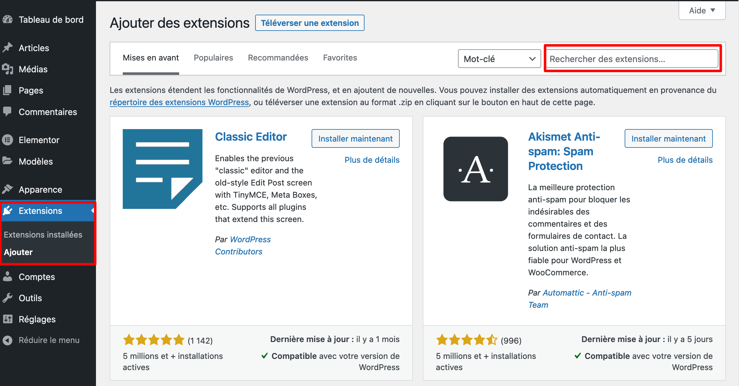 L'interface d'administration de WordPress permet d'installer un plugin WordPress. 