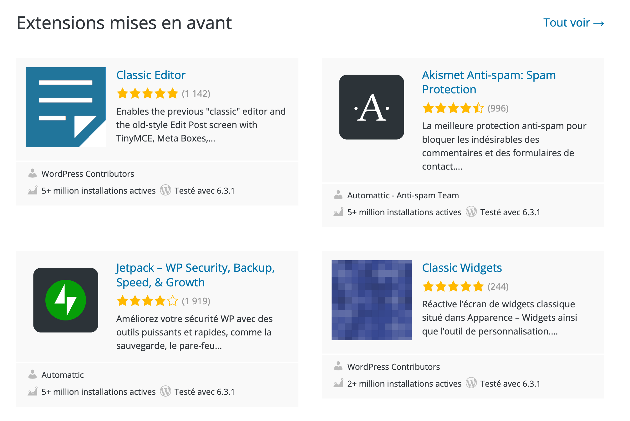 Exemples de plugins WordPress proposés sur le répertoire officiel. 