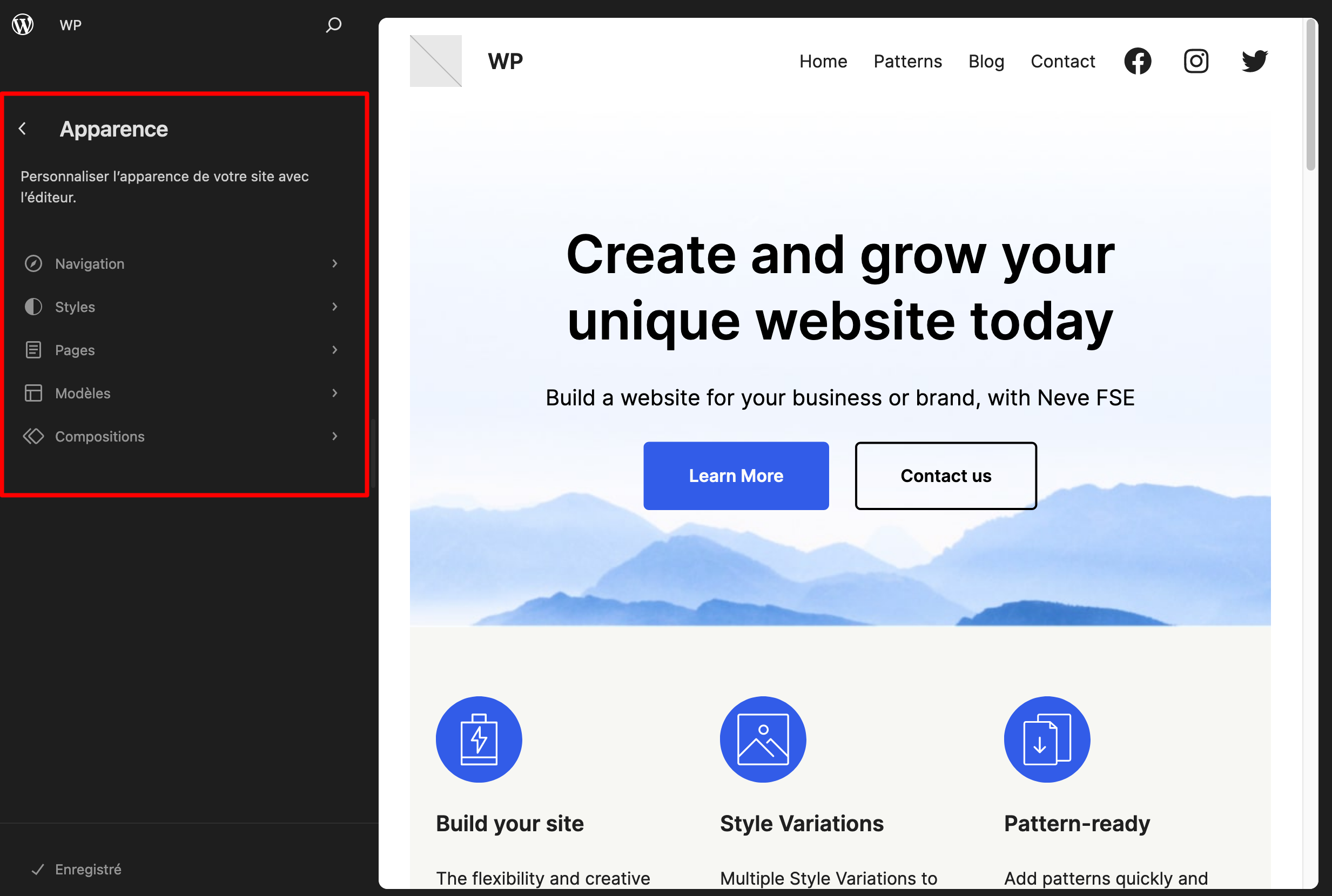 Le menu Apparence de l'Éditeur de site de WordPress. 