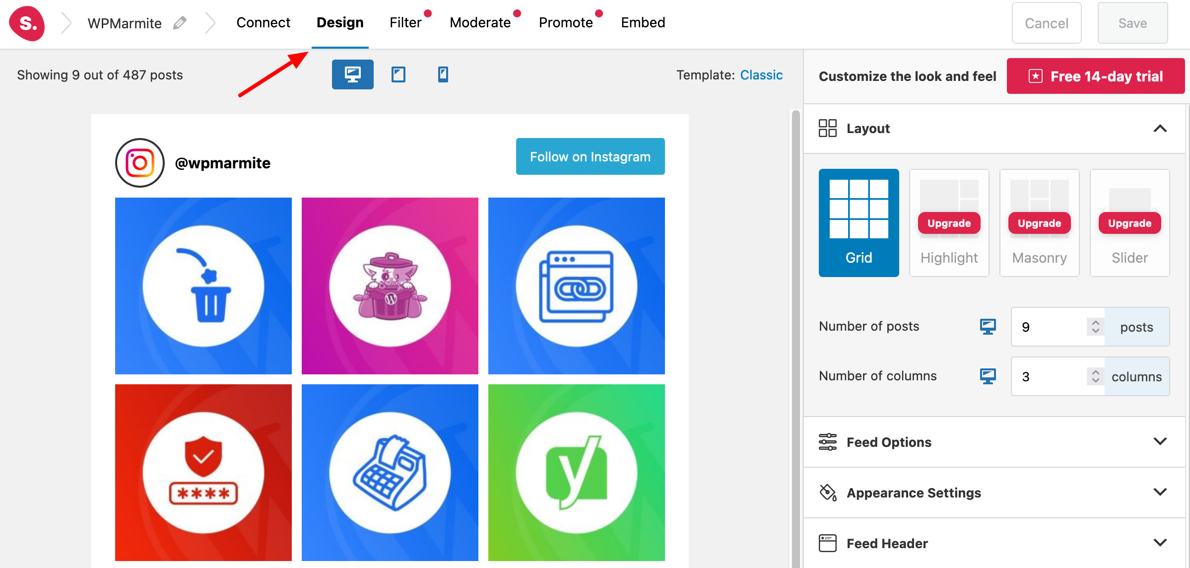 Onglet Design de Spotlight Social Media Feeds.