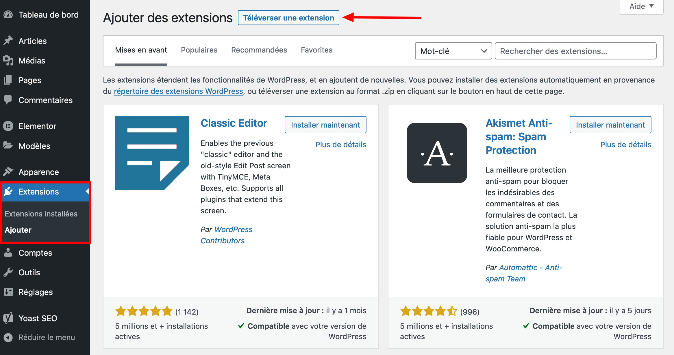 Téléversement d'une extension sur WordPress. 