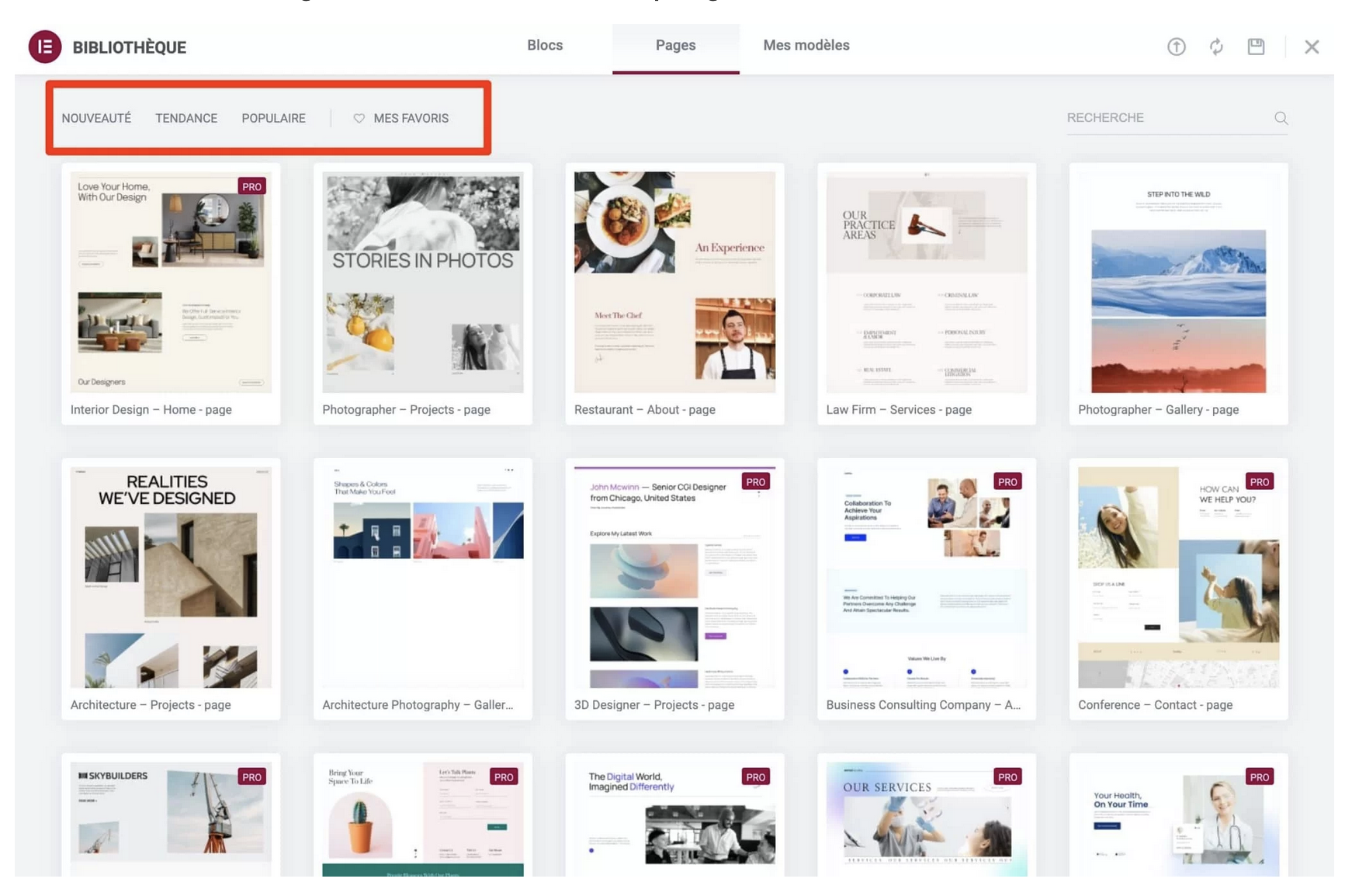 Les templates proposés par Elementor.