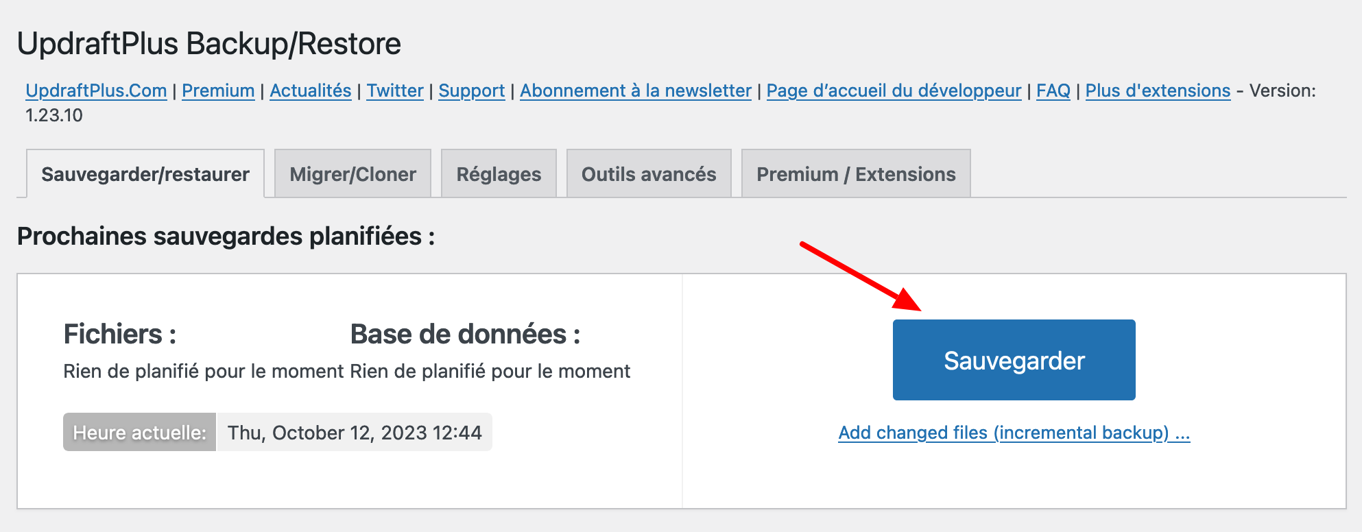 Bouton "Sauvegarder" d'UpdraftPlus sur son menu de réglages.