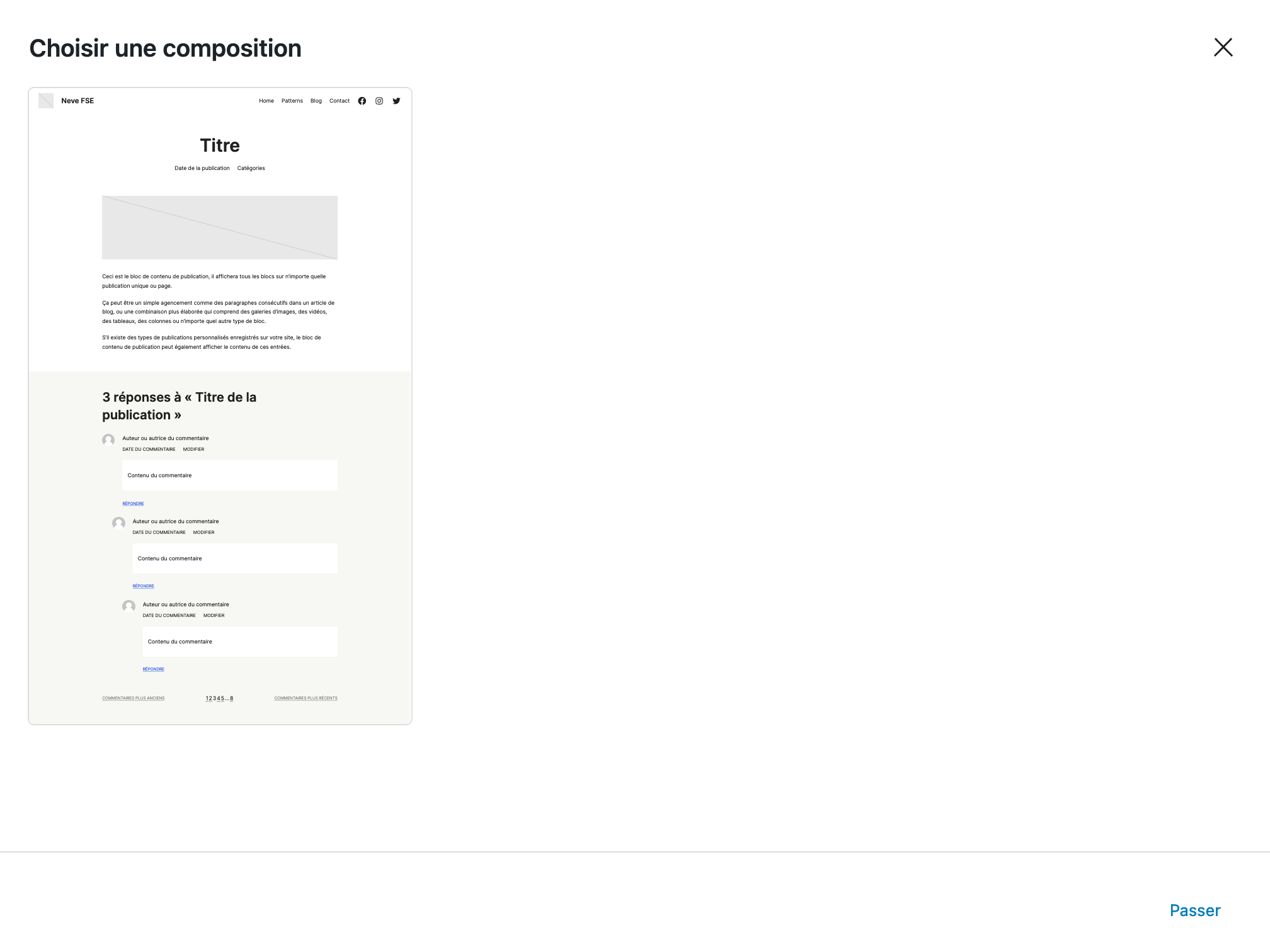 Choix d'une composition avec ce thème WordPress basé sur des blocs.