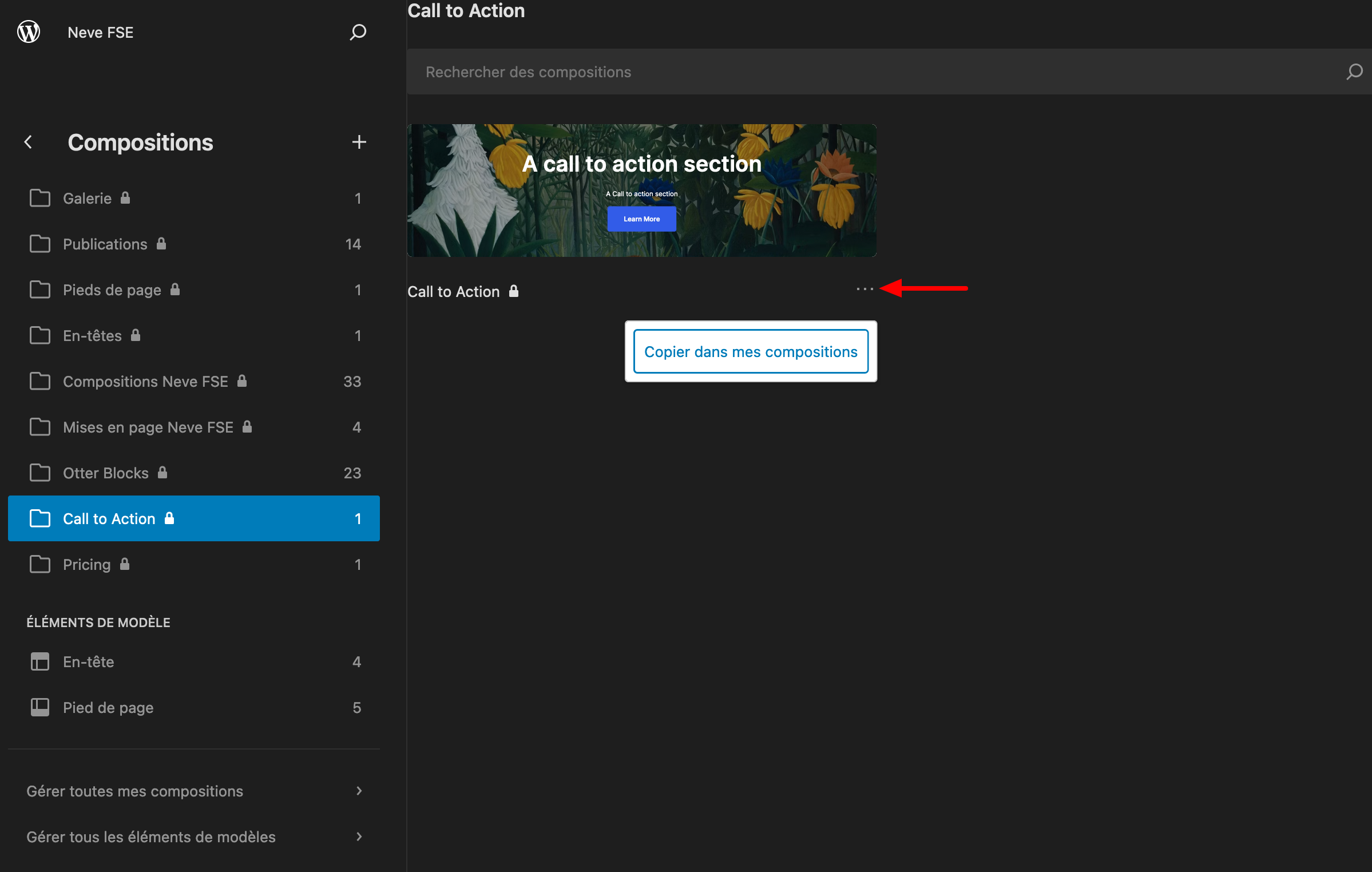 Bouton "Copier dans mes compositions" du thème Neve FSE. 