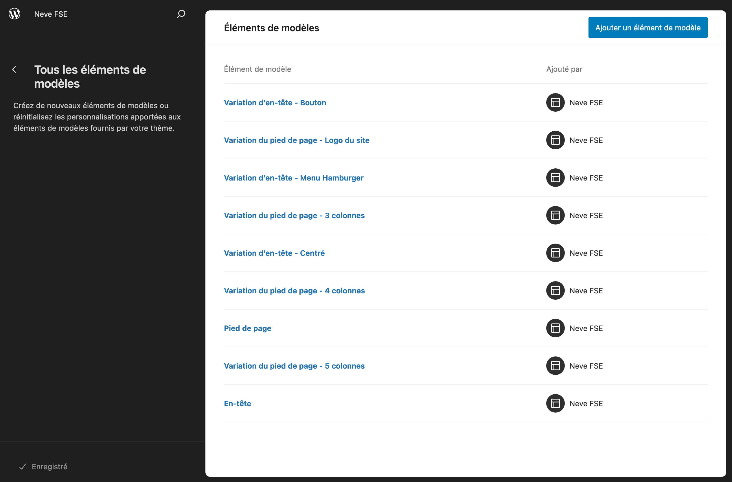 Eléments de modèles Neve FSE. 