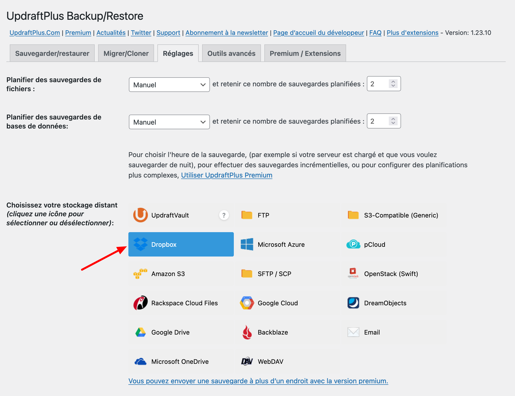 Dropbox est proposé comme espace de stockage distant sur UpdraftPlus. 