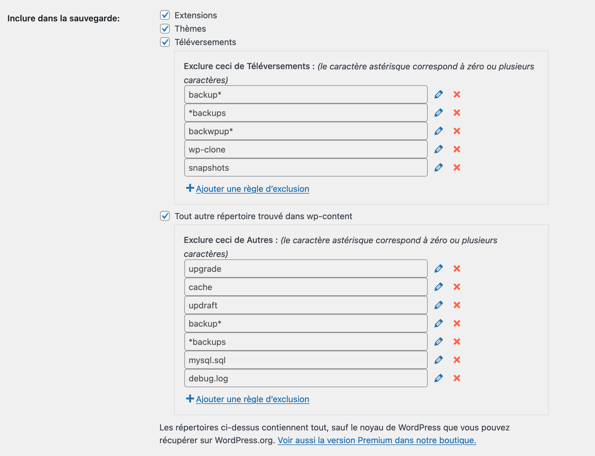 UpdraftPlus permet d'inclure/exclure certains éléments dans la sauvegarde.