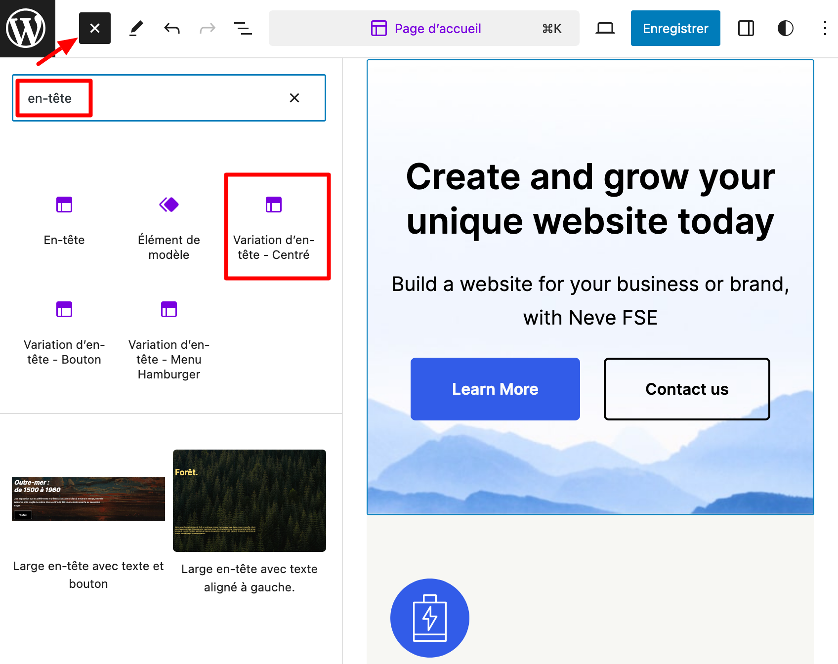 Insertion d'un en-tête personnalisé avec Neve FSE. 