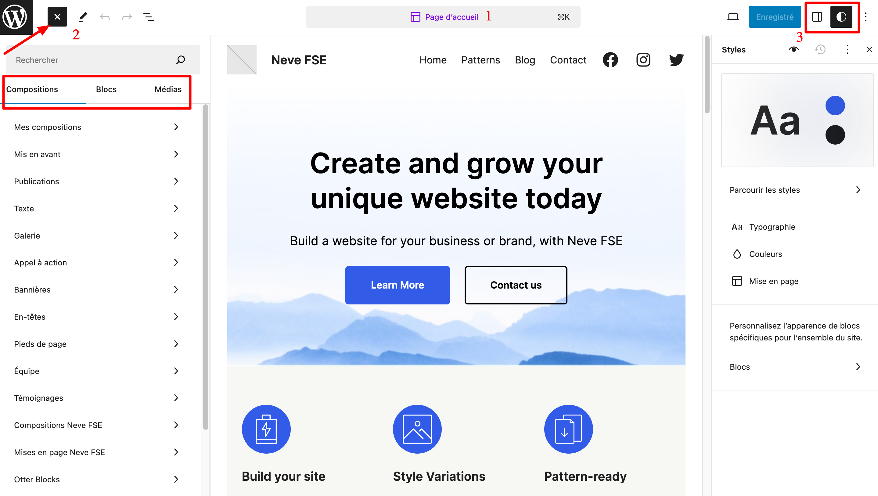 Modification du thème Neve FSE sur l'éditeur de WordPress. 