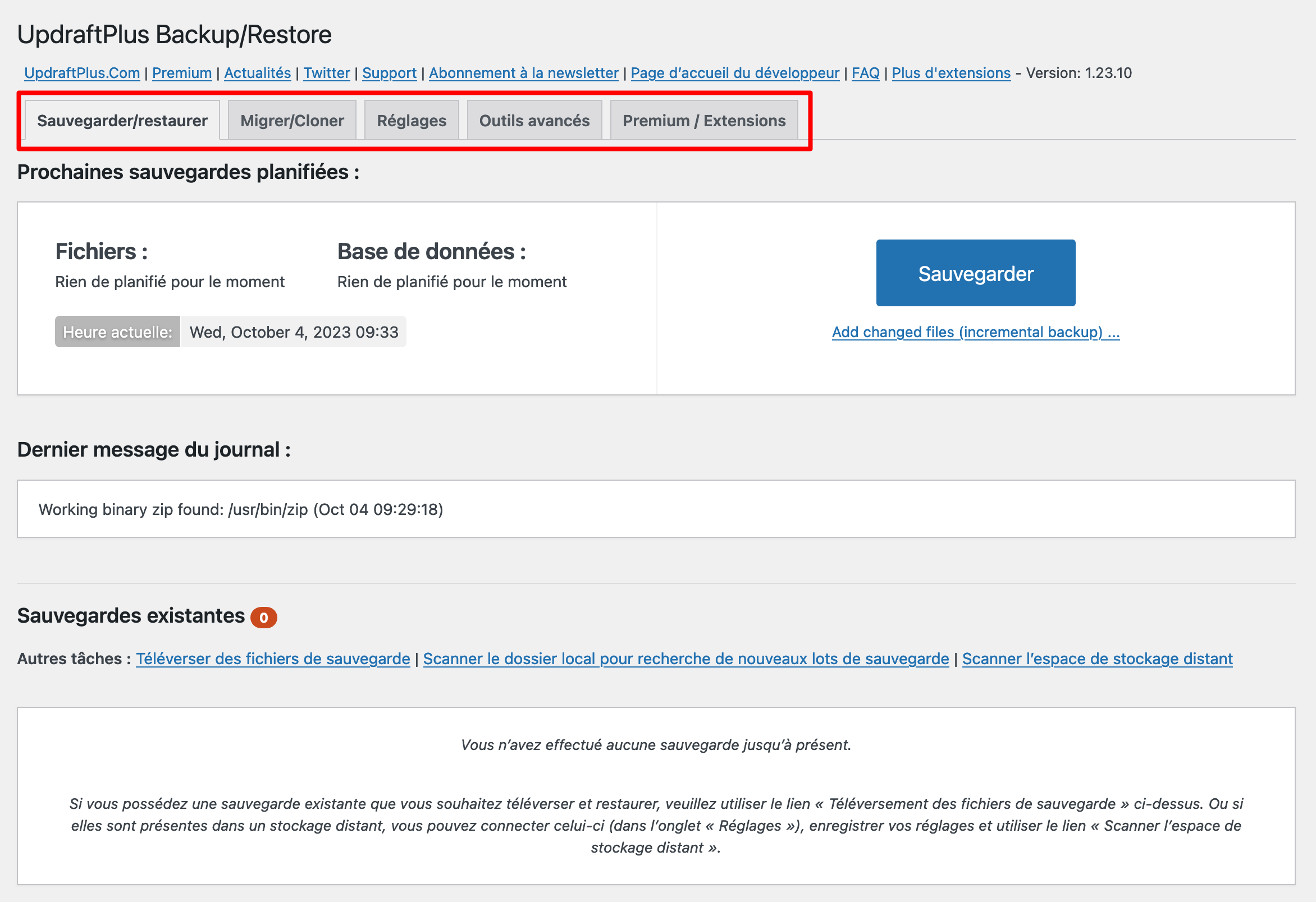 Onglets du menu Sauvegarder/Restaurer d'UpdraftPlus.