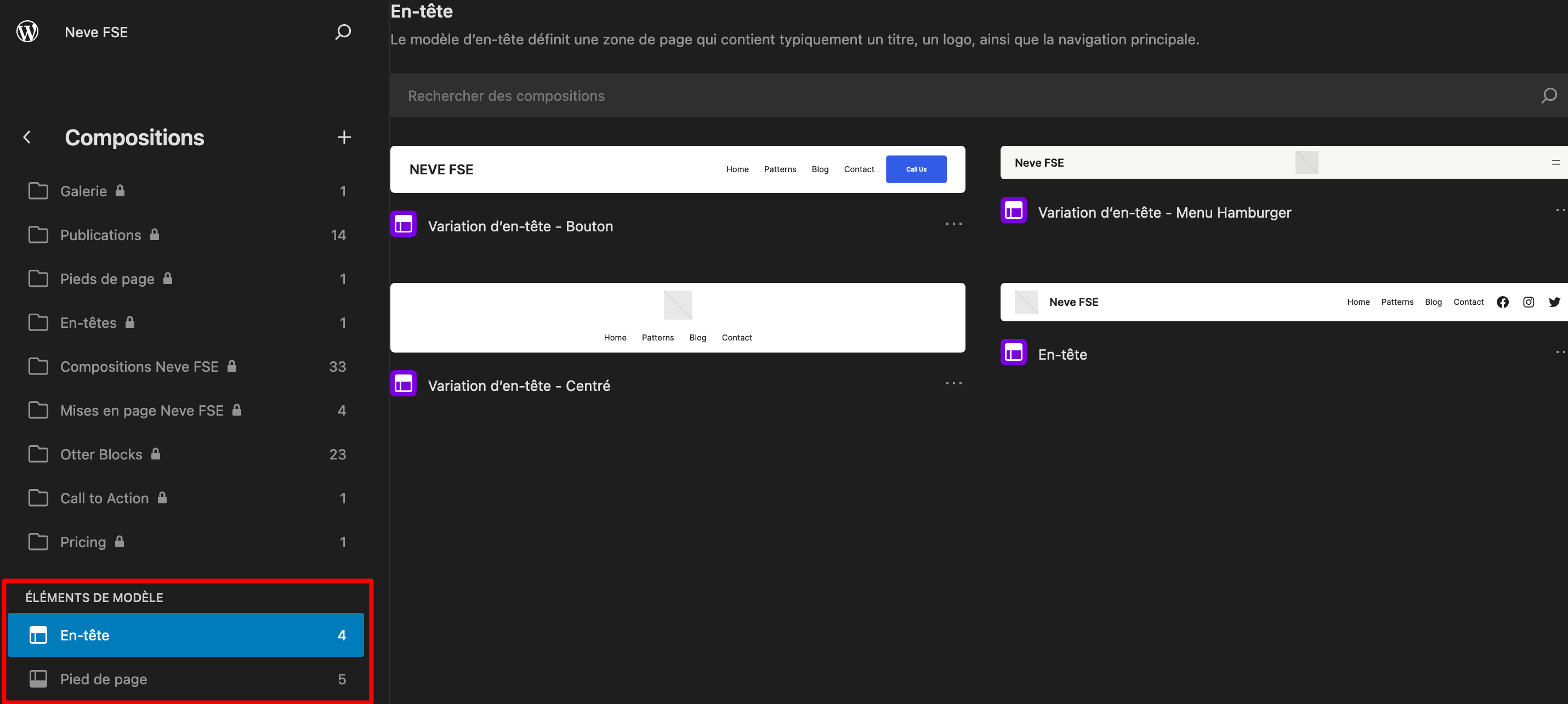 Les modèles d'en-tête et de pied de page de Neve FSE. 