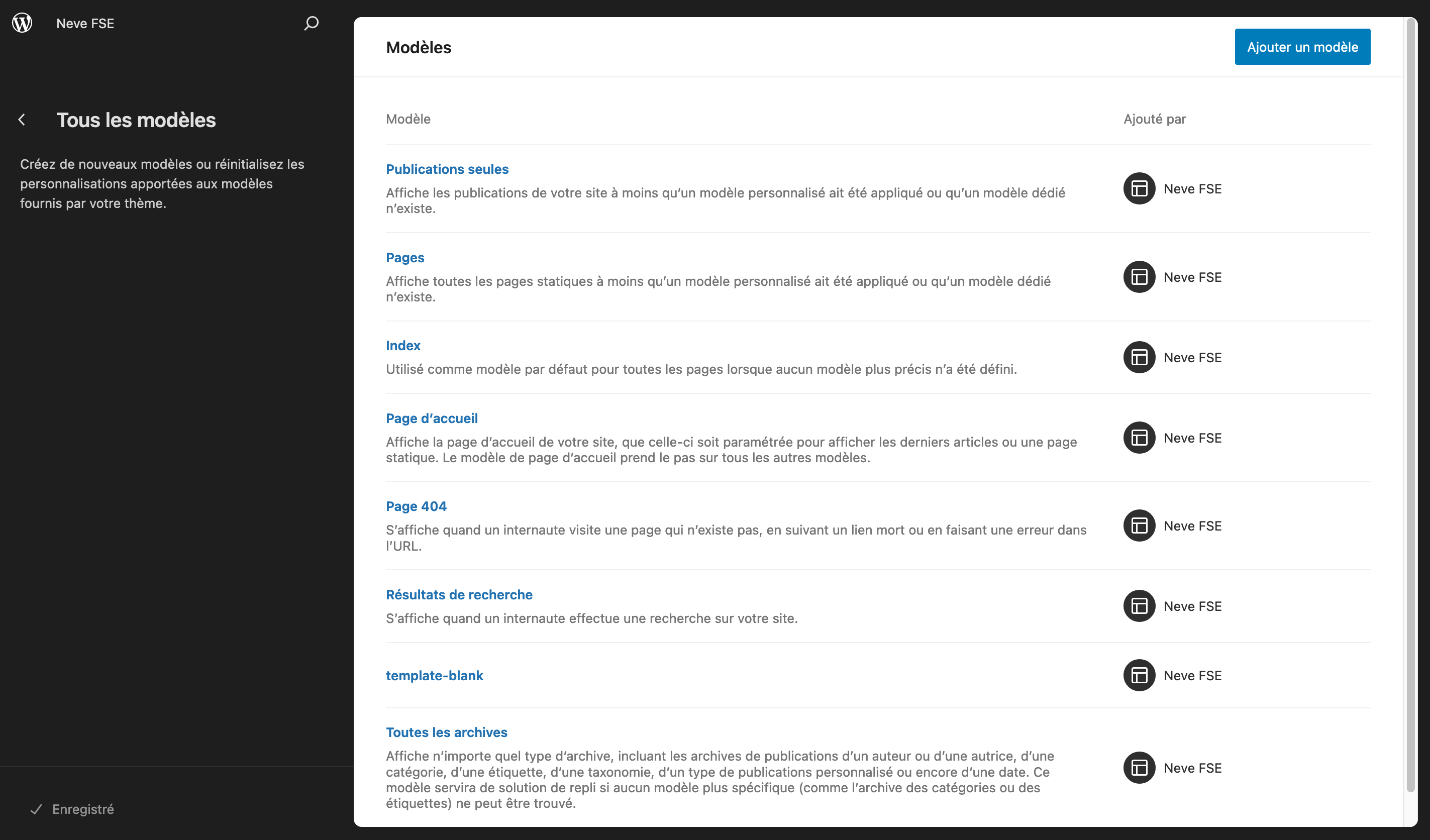 Modèles de page de Neve FSE.