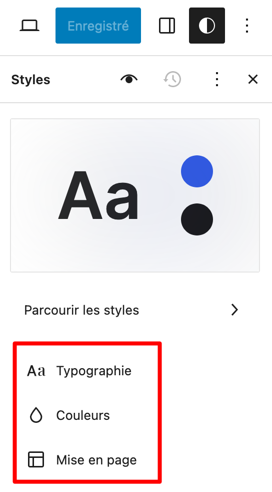 Options de styles globaux de Neve FSE. 