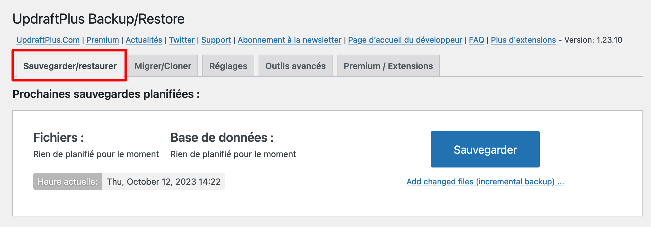 L'onglet Sauvegarder/Restaurer d'UpdraftPlus. 