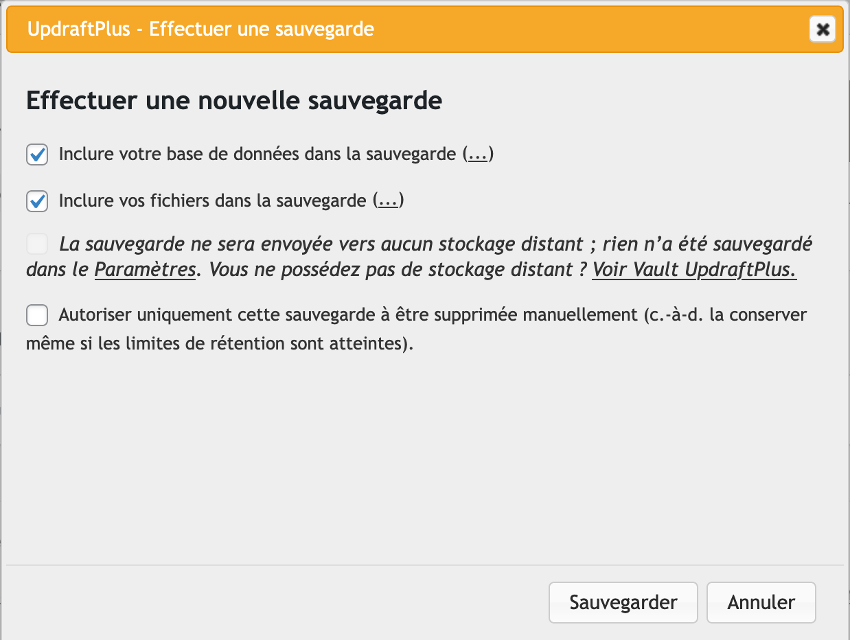 Fenêtre popup pour effectuer une nouvelle sauvegarde avec UpdraftPlus. 