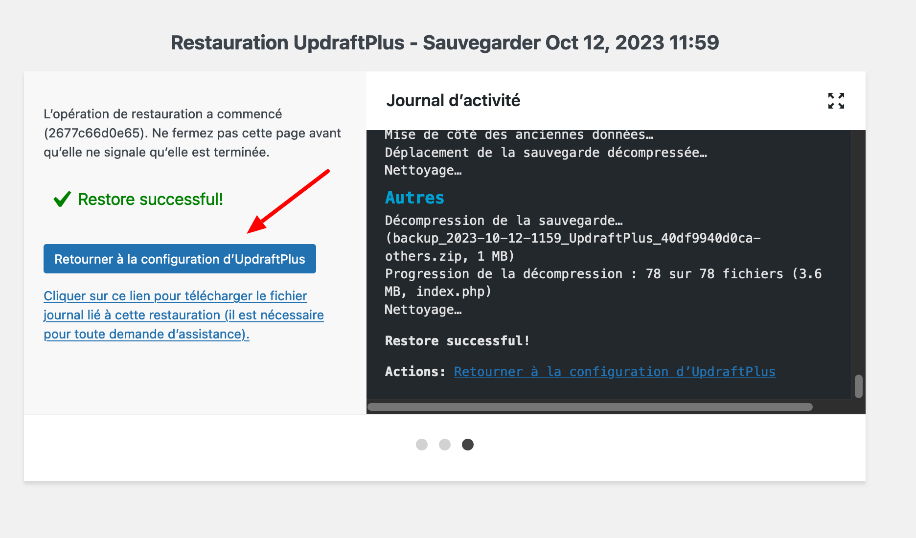 Bouton Retour à la configuration d'UpdraftPlus.