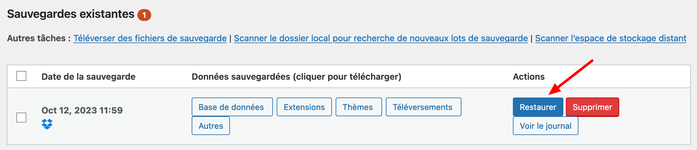 Bouton "Restaurer" proposé par UpdraftPlus.
