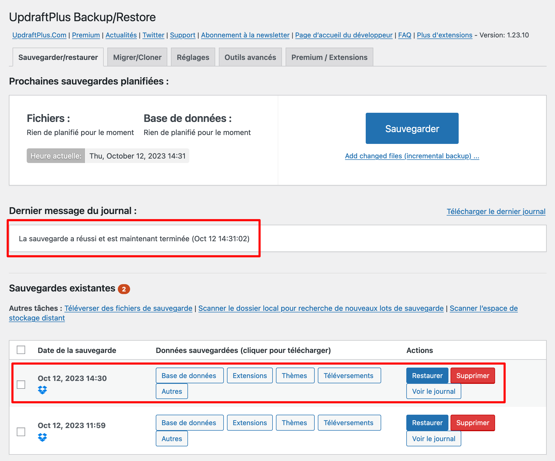 Affichage des sauvegardes sur l'interface d'UpdraftPlus.