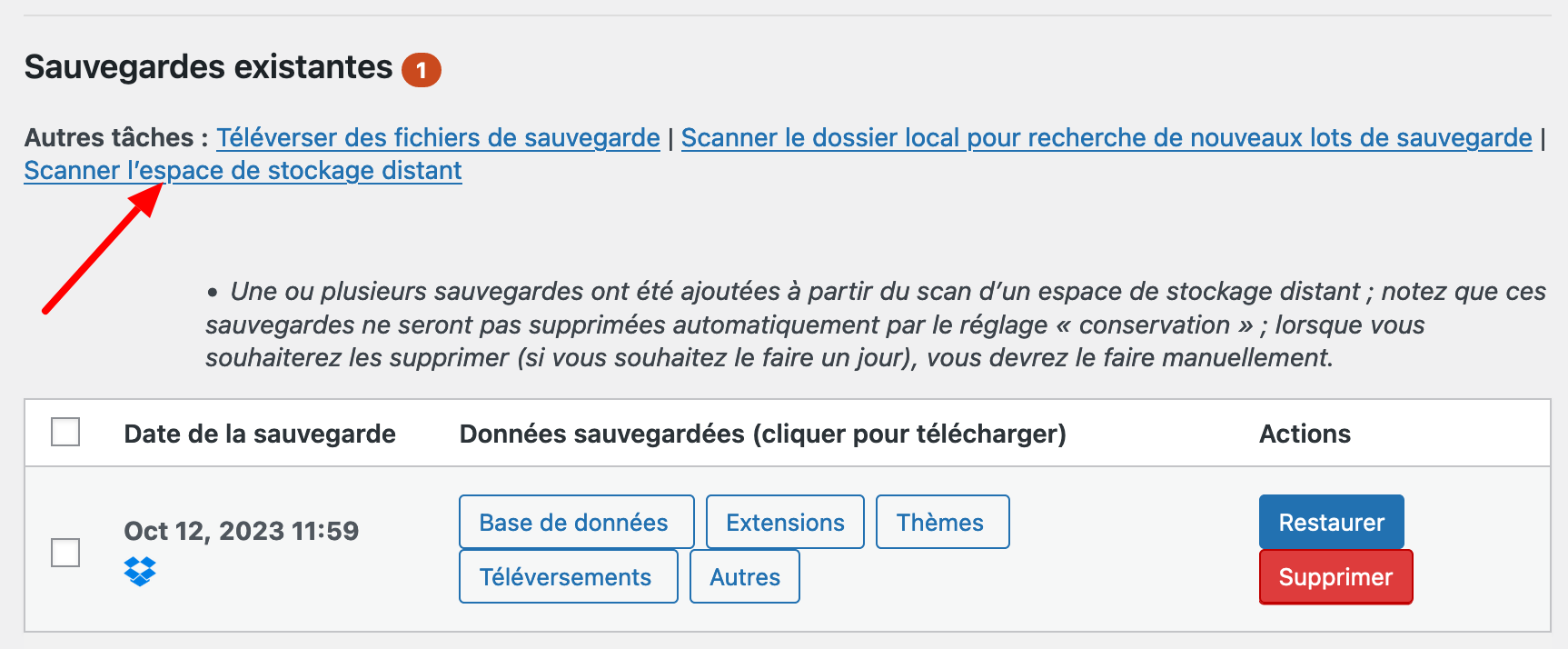 Lien Scanner l'espace de stockage distant d'UpdraftPlus. 