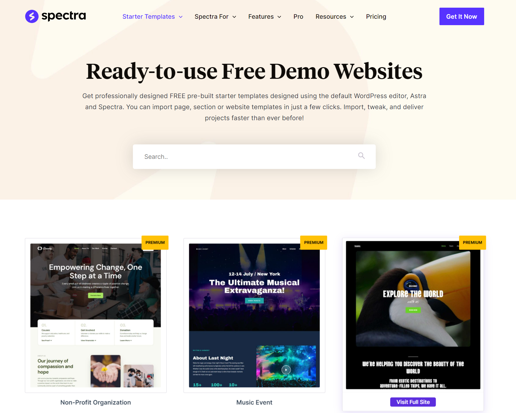 Les démos de sites proposées par le page builder WordPress Spectra.