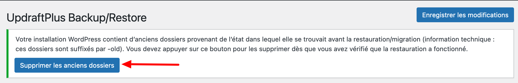 Suppression des anciens dossiers sur UpdraftPlus. 