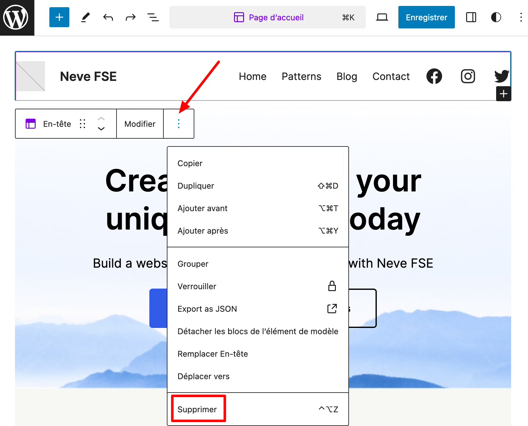 Suppression de l'en-tête sur Neve FSE. 