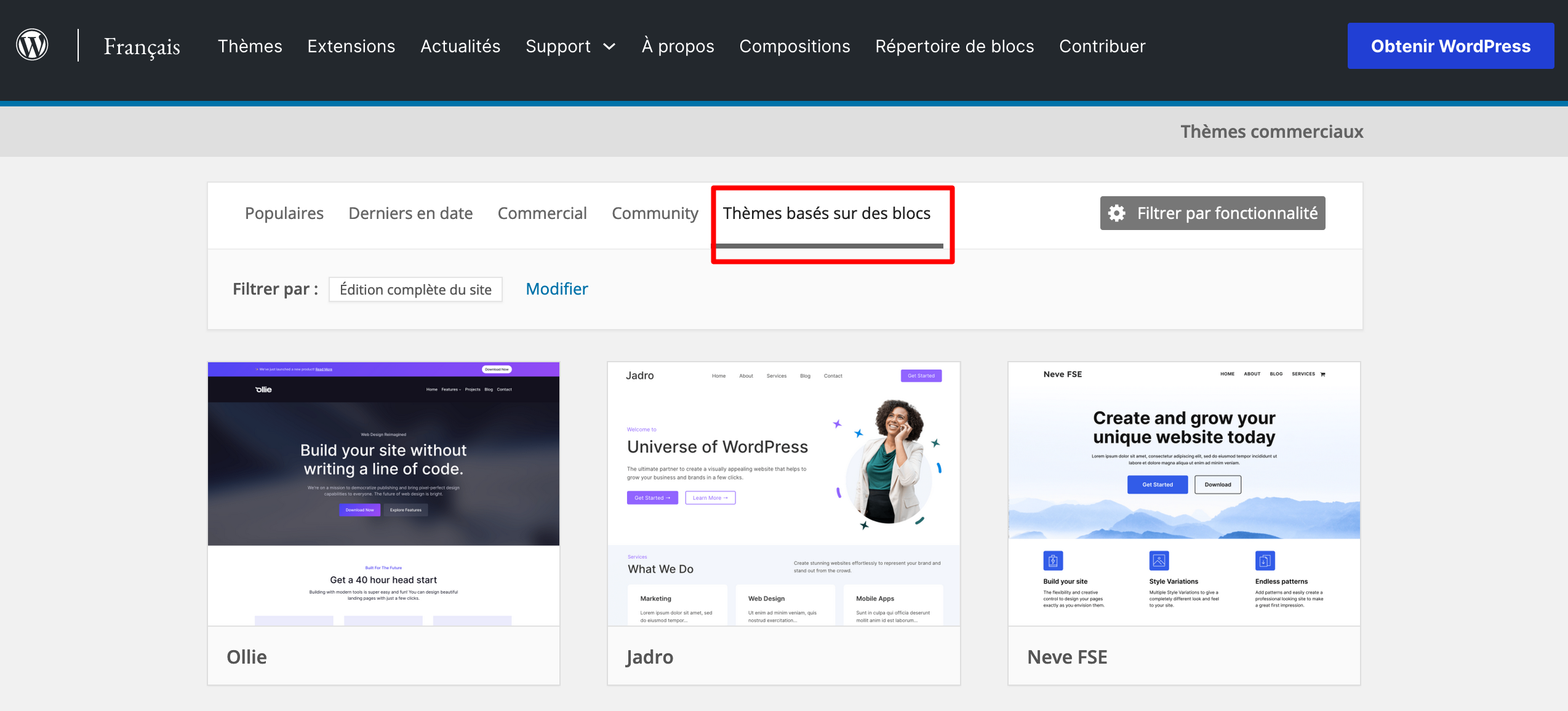 Exemples de thèmes basés sur des blocs sur le répertoire officiel WordPress. 